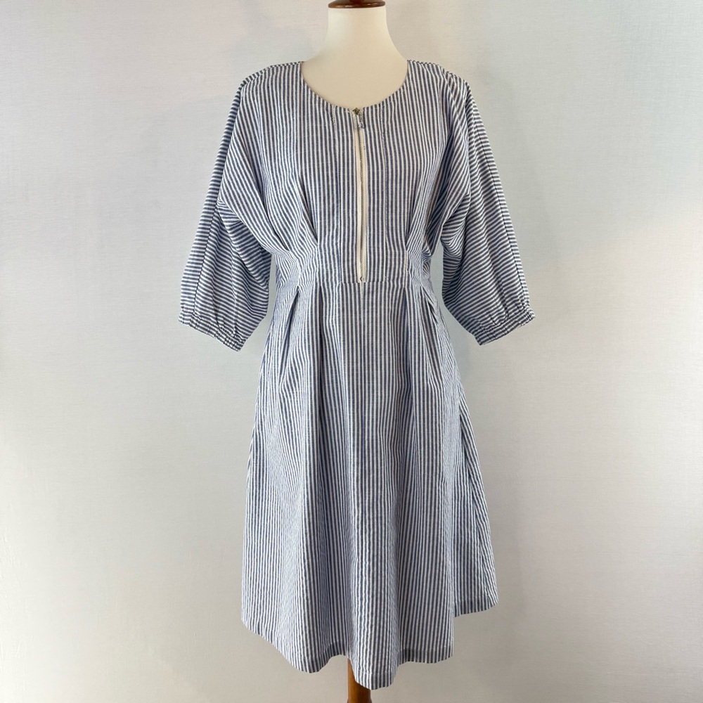 Mo:Vint‎ by Anthropologie Blue and White Pinstriped 100% Linen Midi Dress